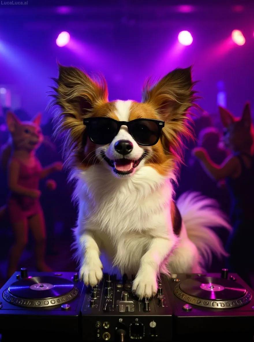 Papillon dog wearing sunglasses with paws on turntables at a nightclub