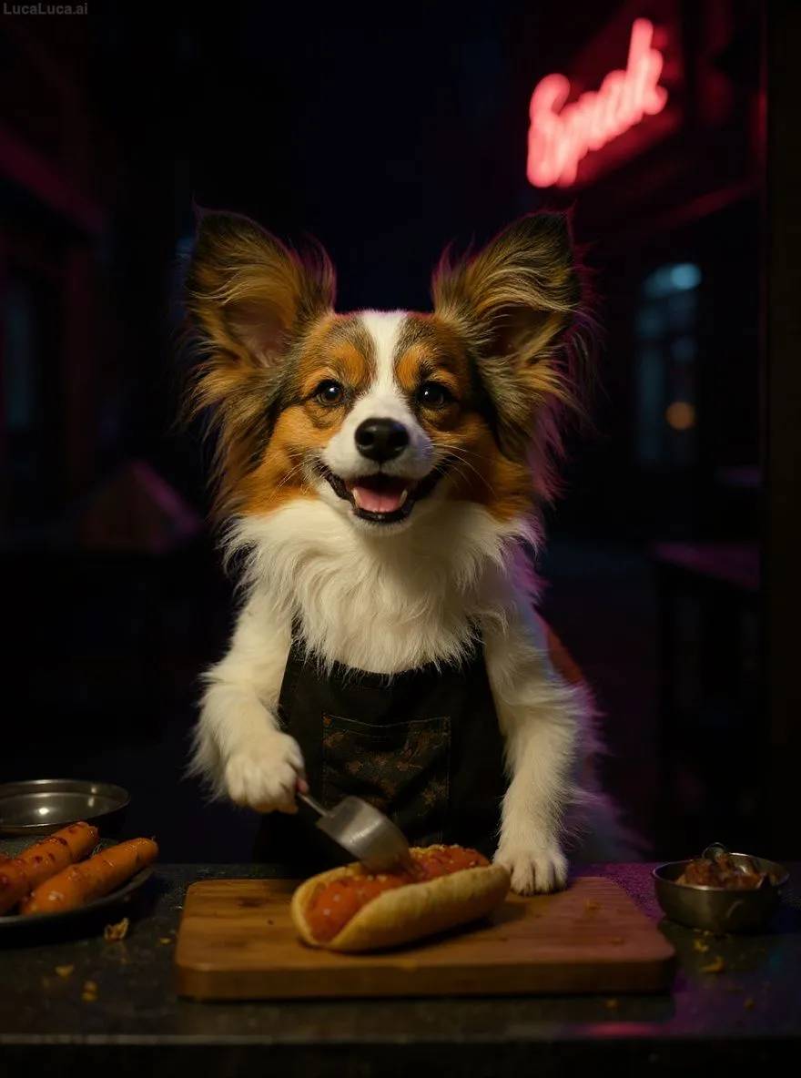 Papillon dog in a stained apron flipping hot dogs at a neon-lit food stand