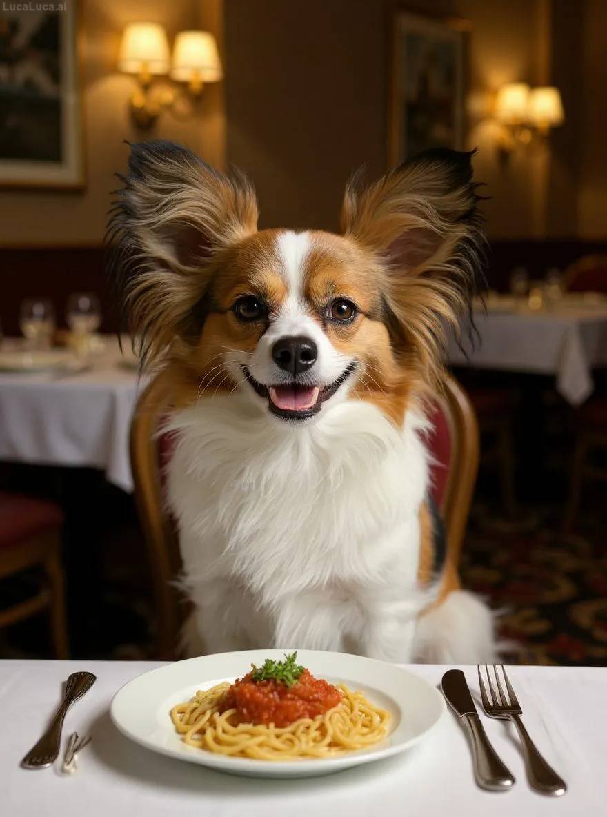Papillon dog at a fancy restaurant table judging a gourmet dish