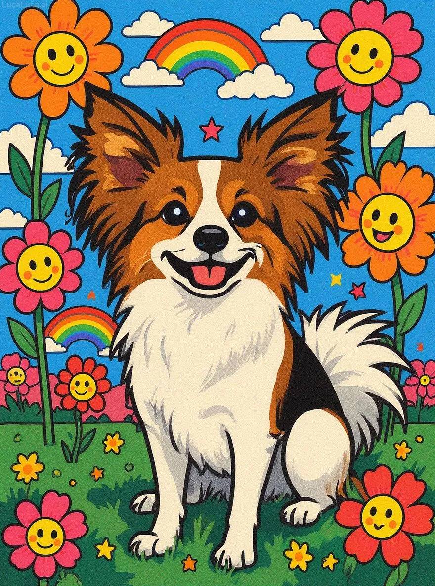 Papillon dog in Japanese pop art style with smiling flowers and bright colors