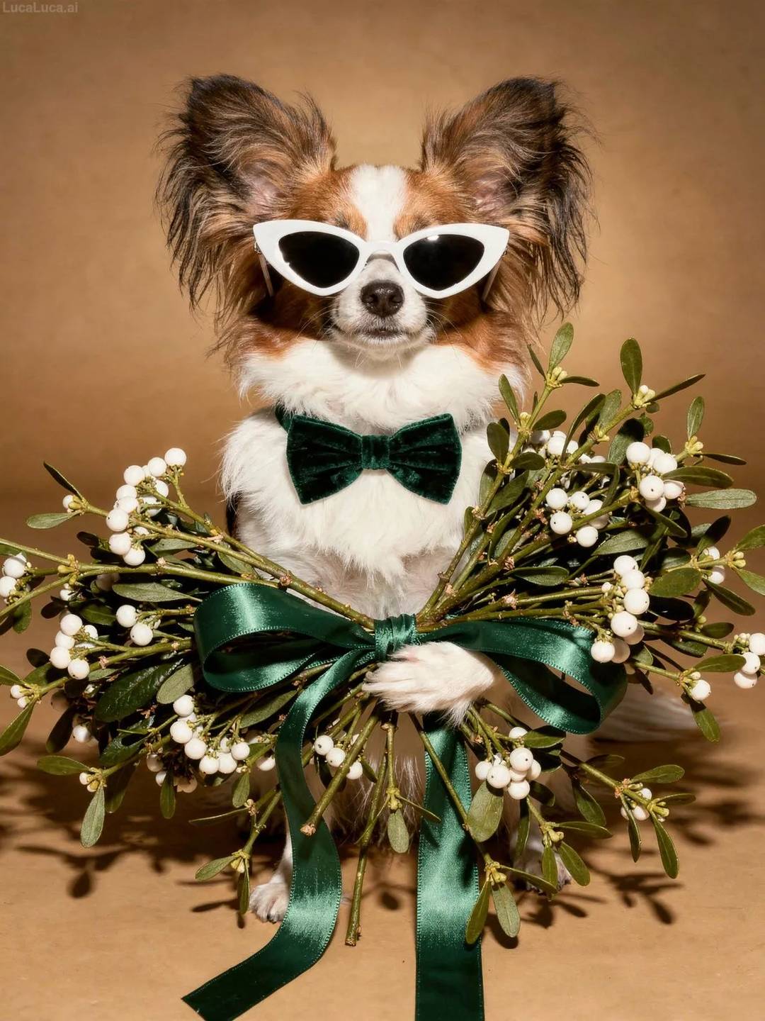 Papillon dog wearing white cat-eye sunglasses holding a bundle of mistletoe