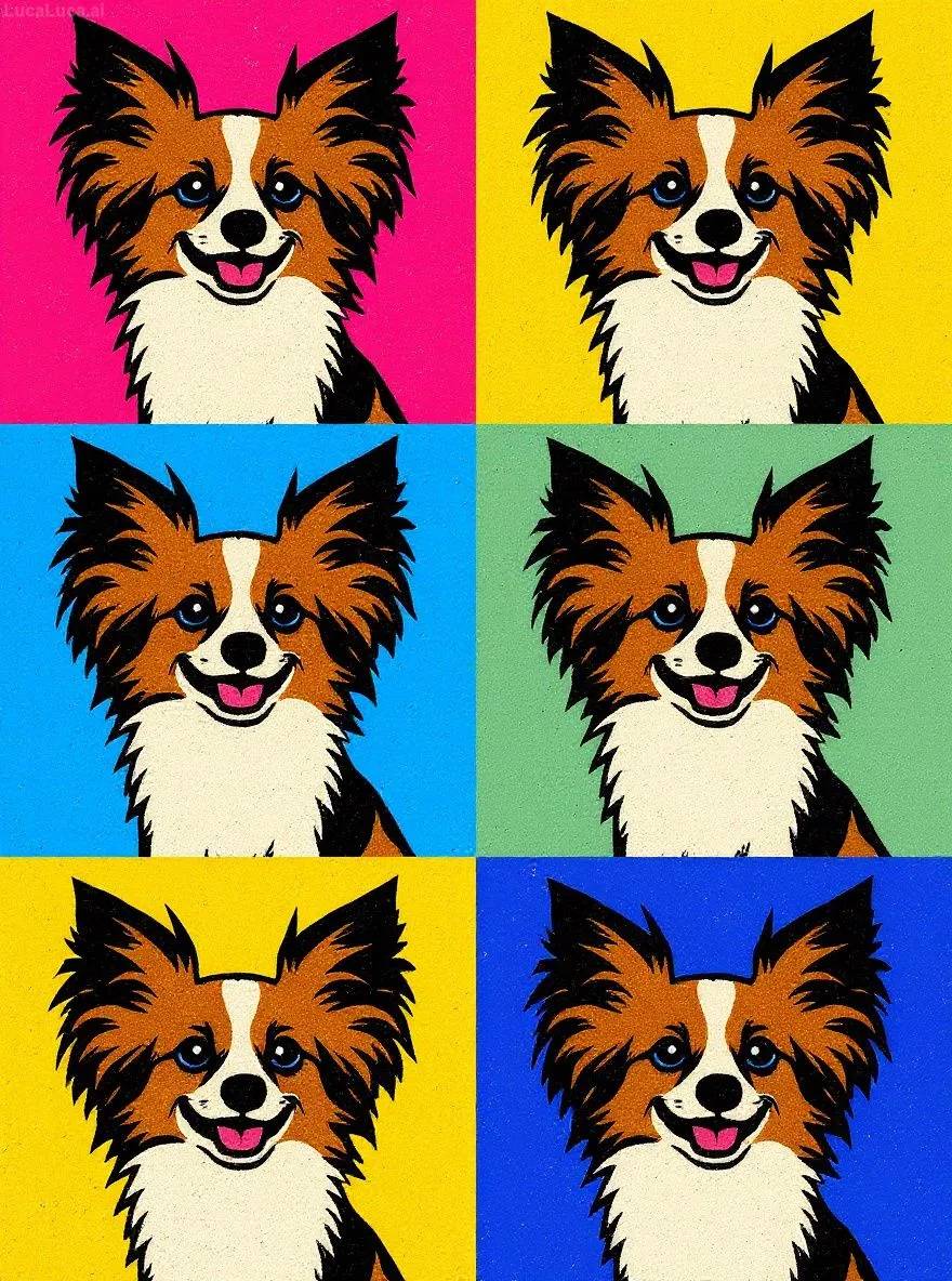 Papillon dog portrait in pop art style repeated in a colorful grid