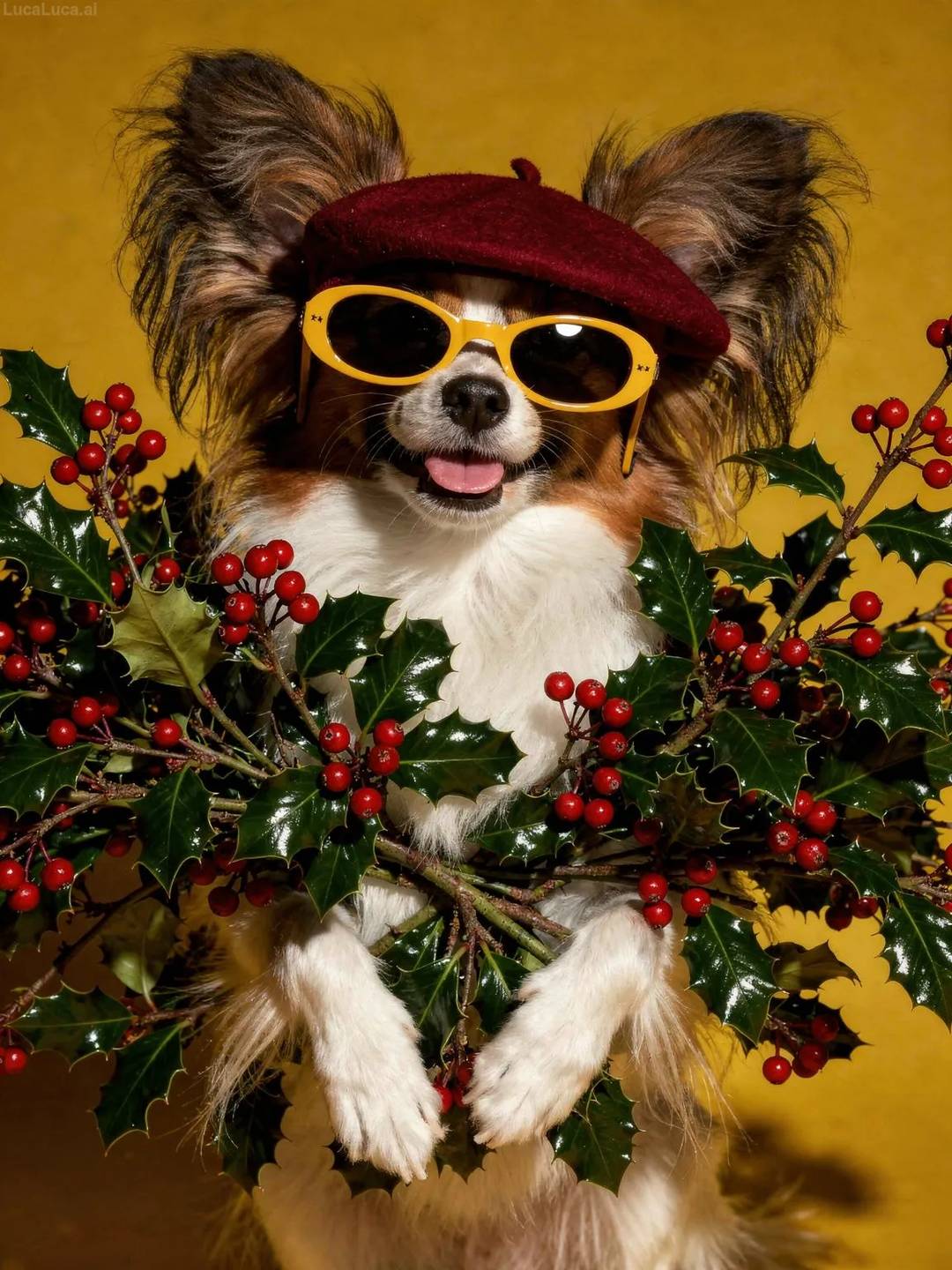 Papillon dog wearing yellow sunglasses and a cranberry beret holding holly branches