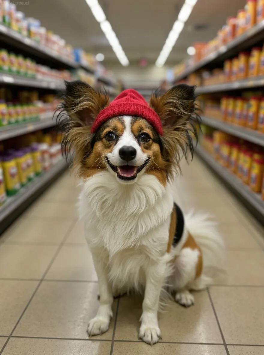 Papillon dog wearing a red beanie standing in a convenience store aisle