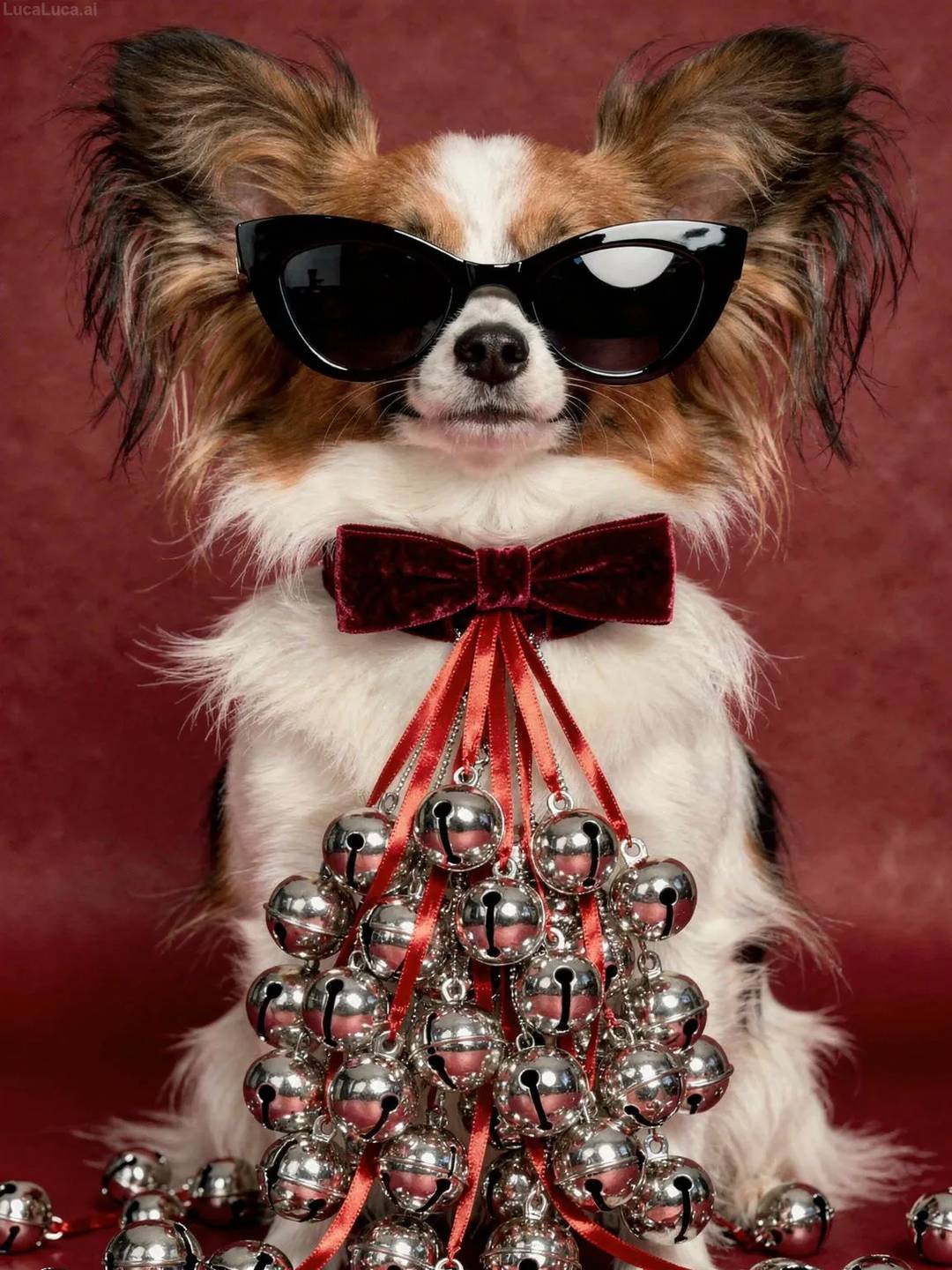 Papillon dog wearing black cat-eye sunglasses holding silver jingle bells
