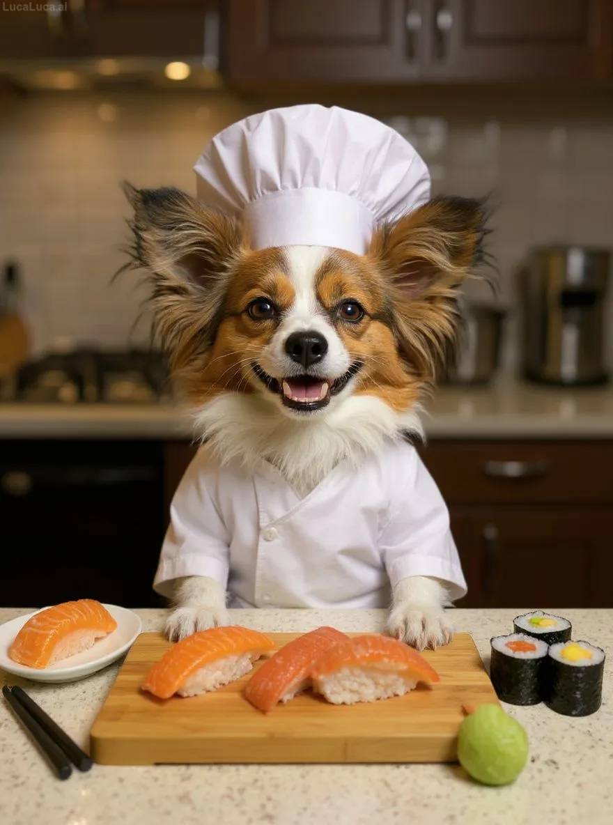 Papillon dog in traditional sushi chef costume behind a sushi counter