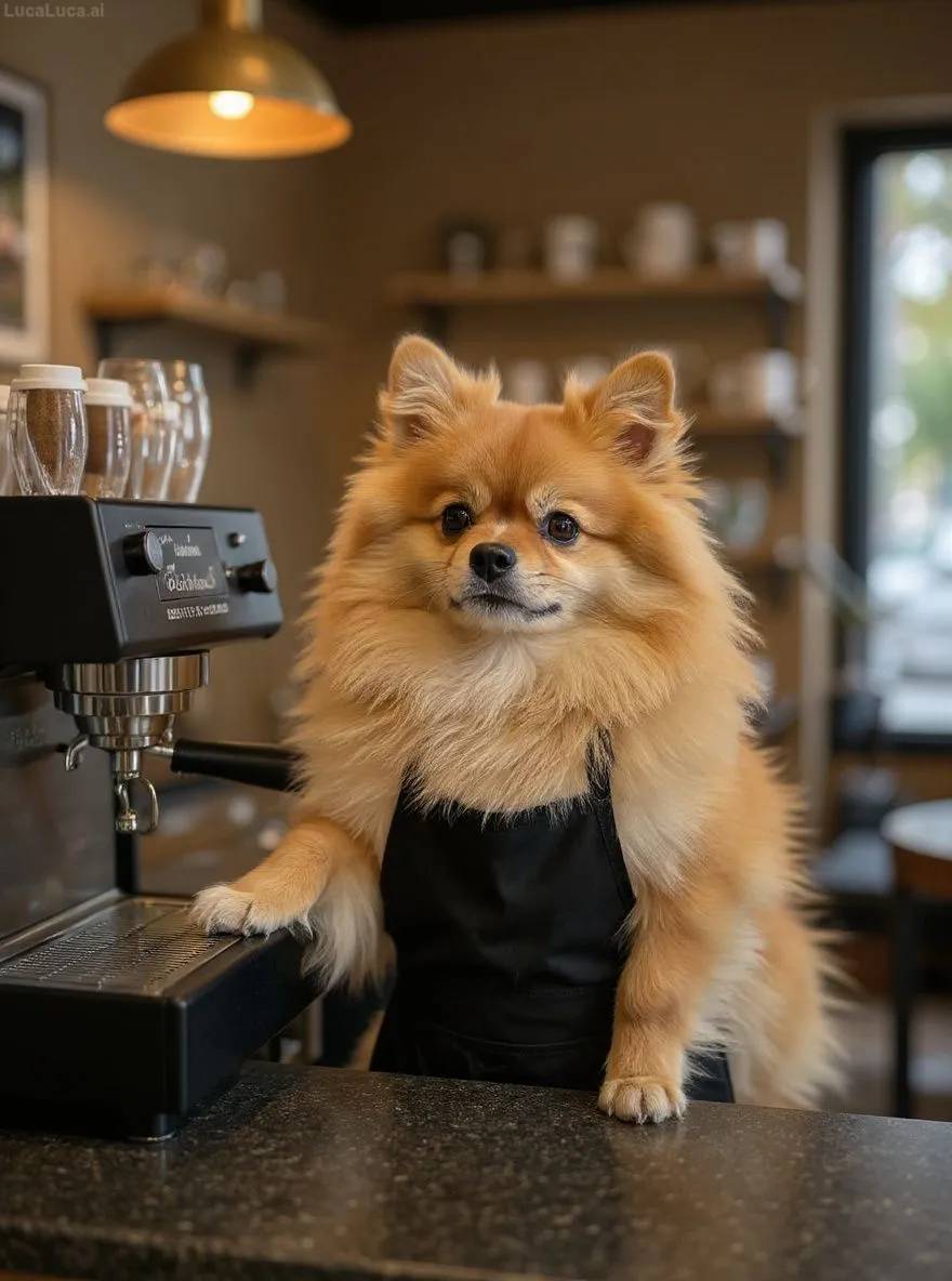 Pomeranian dog wearing an apron operating an espresso machine in a coffee shop