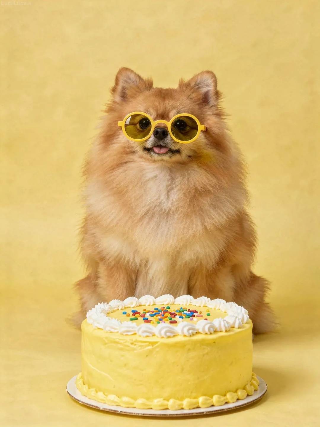 Pomeranian dog wearing yellow sunglasses with a lemon-yellow cake and confetti