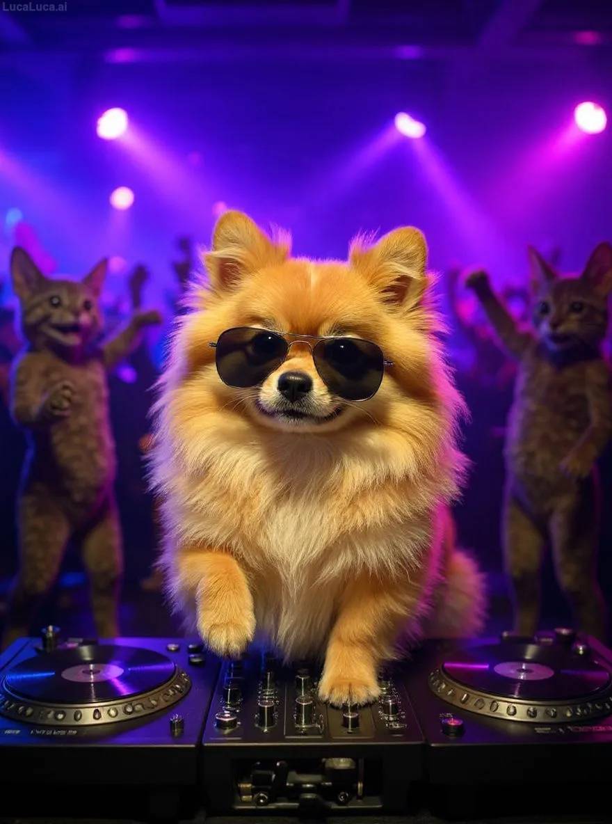 Pomeranian dog wearing sunglasses with paws on turntables at a nightclub