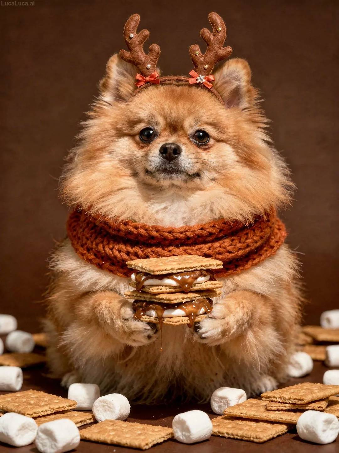 Pomeranian dog wearing an orange scarf and antler headband holding s'mores