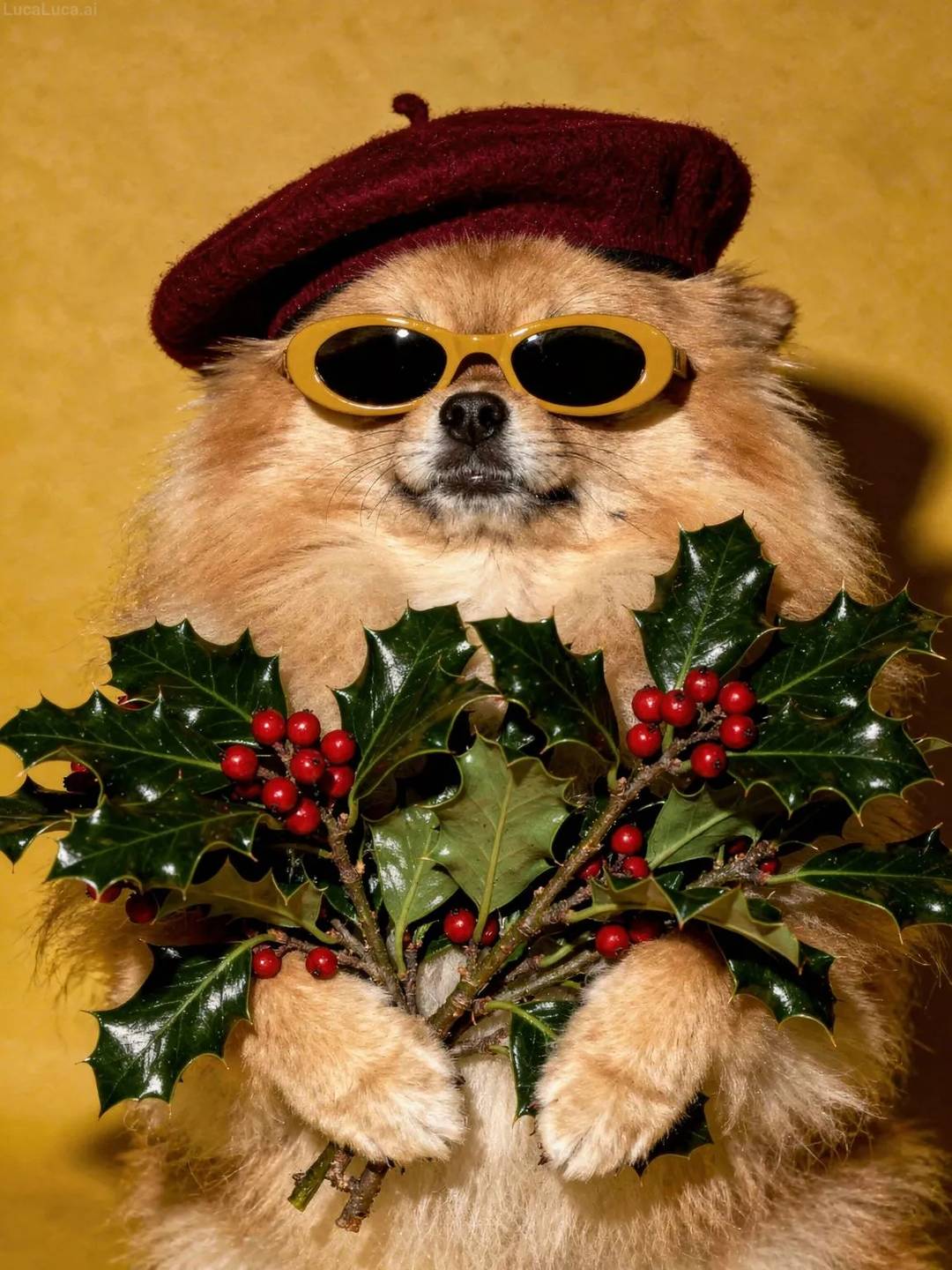 Pomeranian dog wearing yellow sunglasses and a cranberry beret holding holly branches