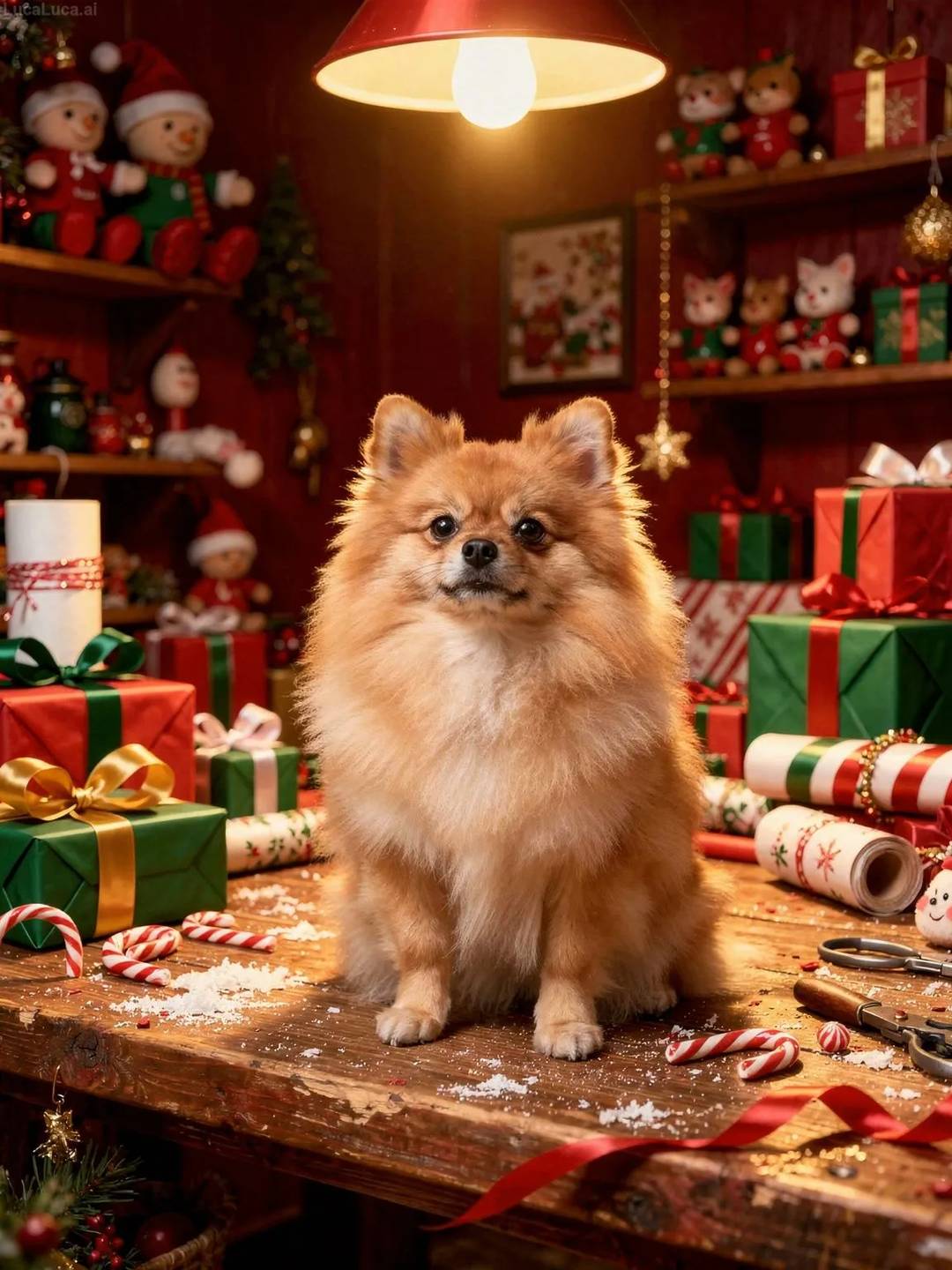 Pomeranian dog wearing an elf hat at a workshop table surrounded by wrapped gifts