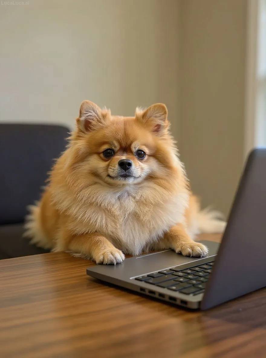 Pomeranian dog at a desk with a laptop looking at the camera