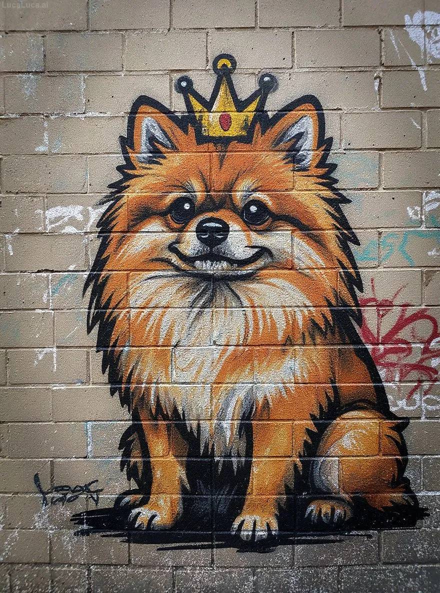 Pomeranian dog as stencil graffiti street art on a concrete wall