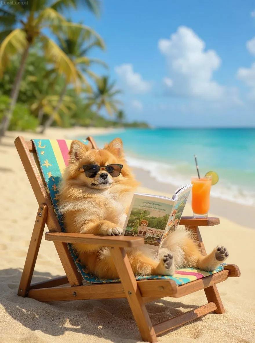 Pomeranian dog wearing sunglasses lounging on a beach chair with a cocktail