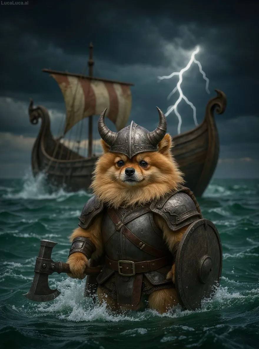 Pomeranian dog in Viking armor with horned helmet and axe on a stormy sea