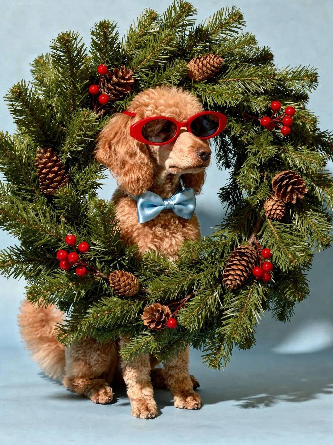 Poodle dog wearing red sunglasses holding a Christmas wreath with berries