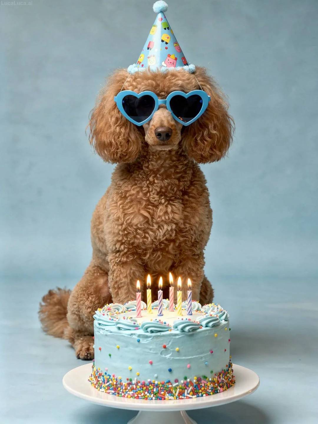 Poodle dog wearing blue heart sunglasses with a pastel blue birthday cake