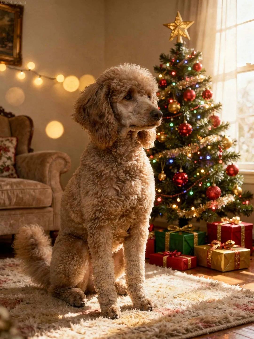 Poodle dog sitting beside a decorated Christmas tree with wrapped presents