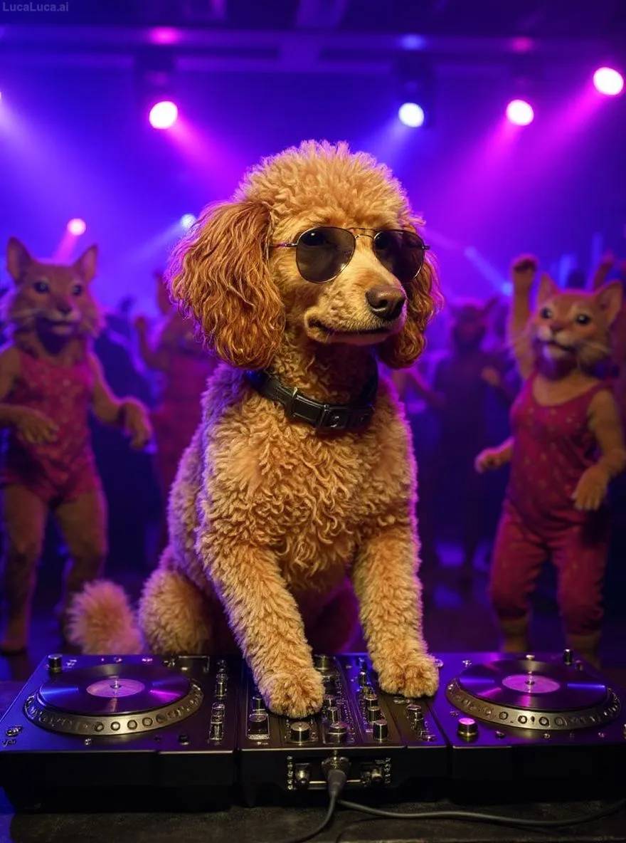 Poodle dog wearing sunglasses with paws on turntables at a nightclub
