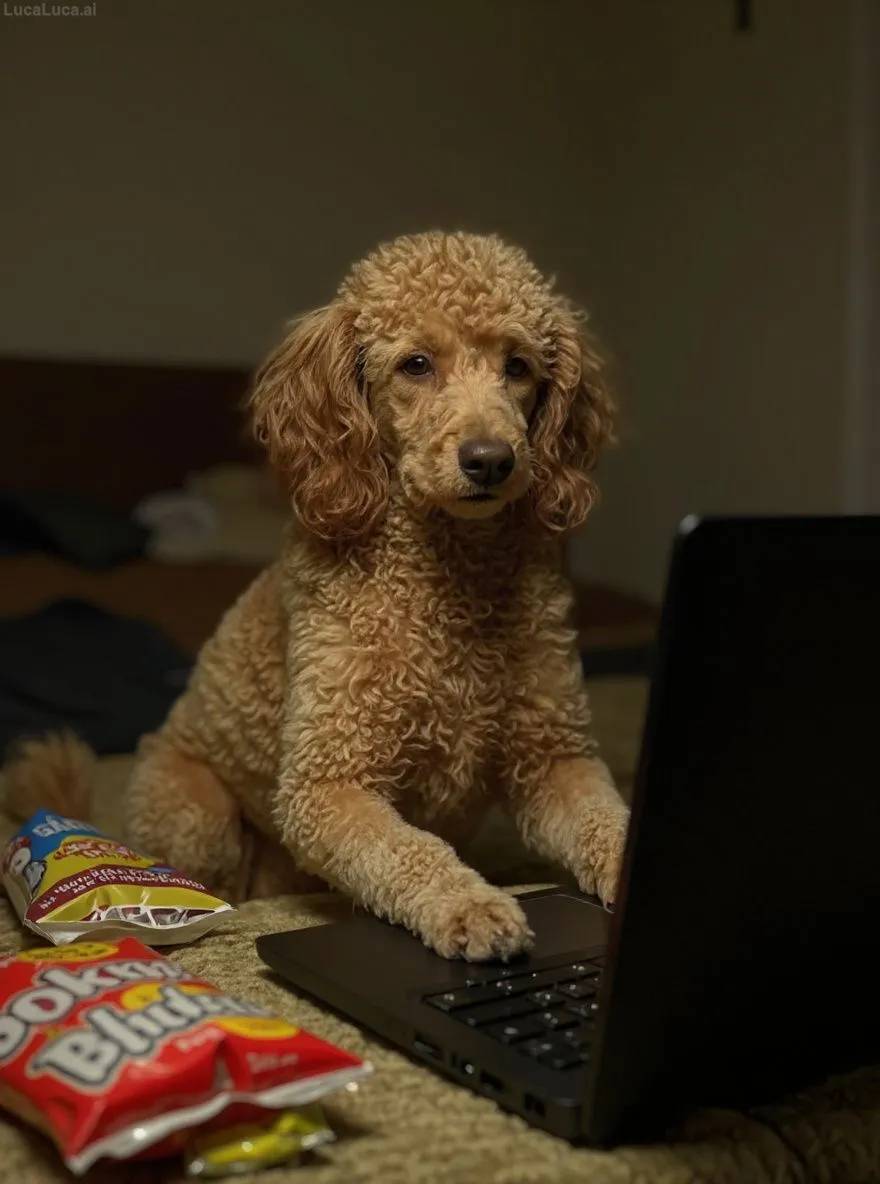 Poodle dog in front of a laptop at night surrounded by snack bags