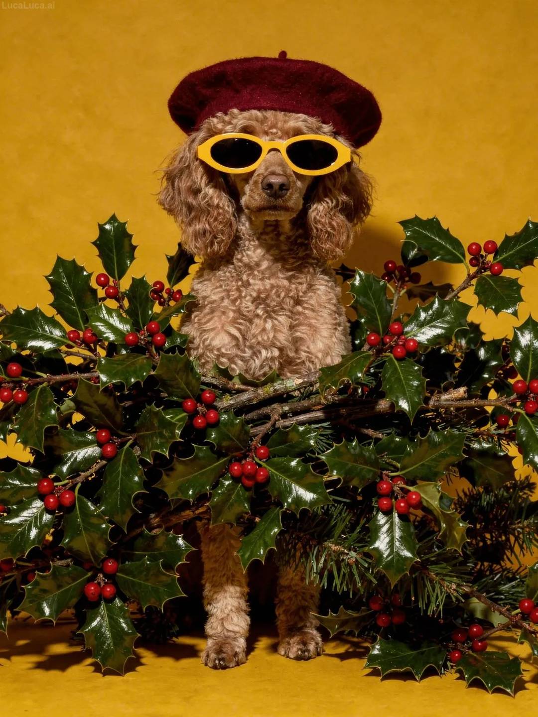 Poodle dog wearing yellow sunglasses and a cranberry beret holding holly branches