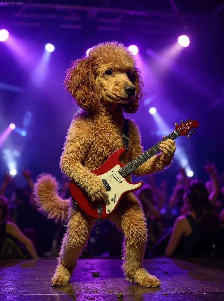 Poodle dog on stage with an electric guitar under bright lights