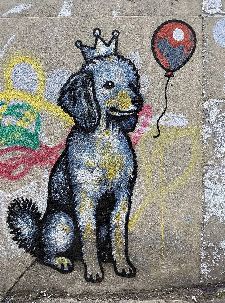Poodle dog as stencil graffiti street art on a concrete wall