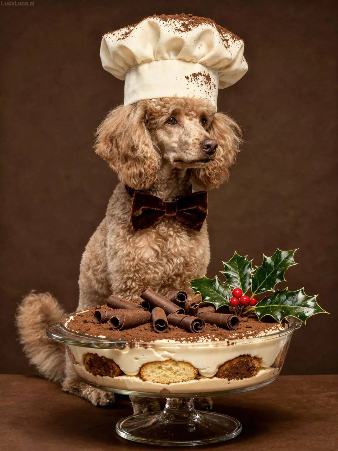 Poodle dog wearing a chef hat dusted with cocoa holding a tiramisu