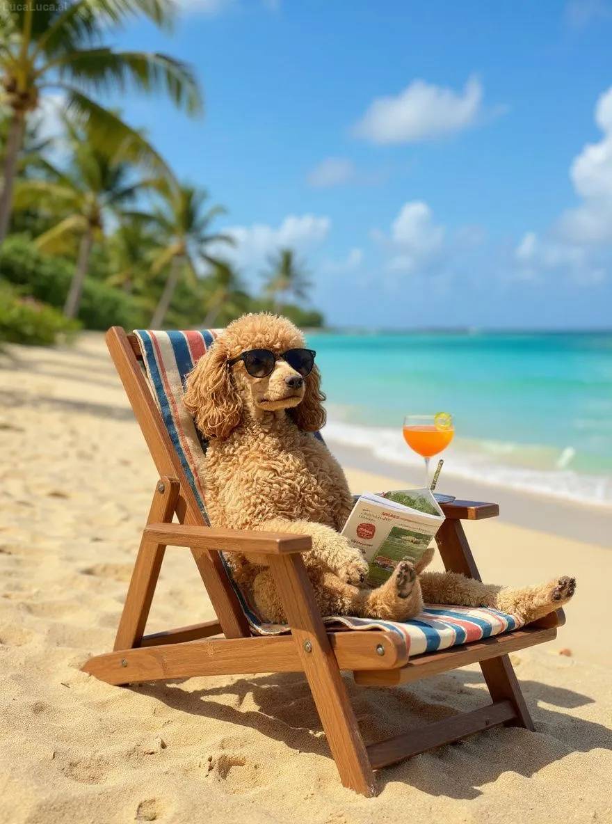 Poodle dog wearing sunglasses lounging on a beach chair with a cocktail
