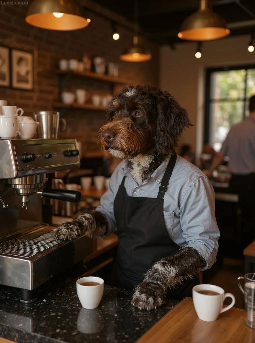 Portuguese Water Dog dog wearing an apron operating an espresso machine in a coffee shop