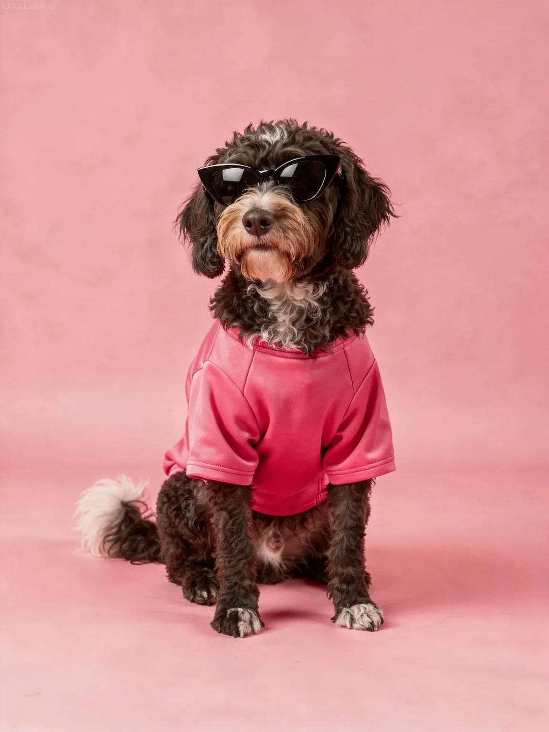 Portuguese Water Dog dog wearing a pink jacket and cat-eye sunglasses on a pink background