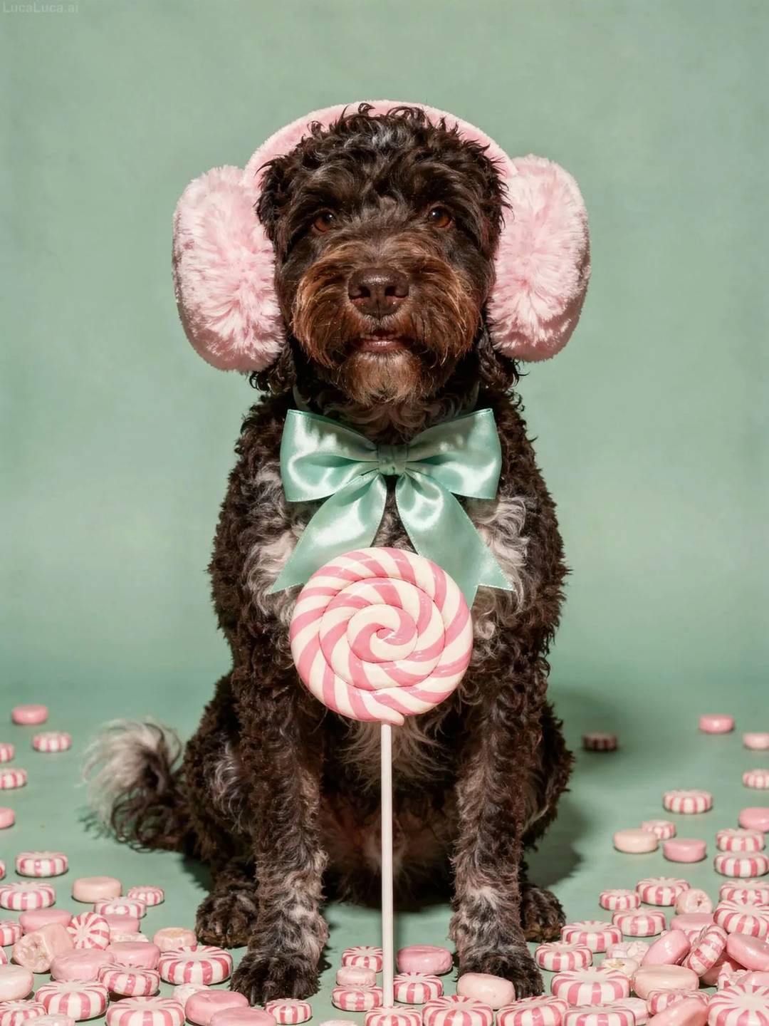 Portuguese Water Dog dog wearing pink earmuffs holding a swirl lollipop and peppermints