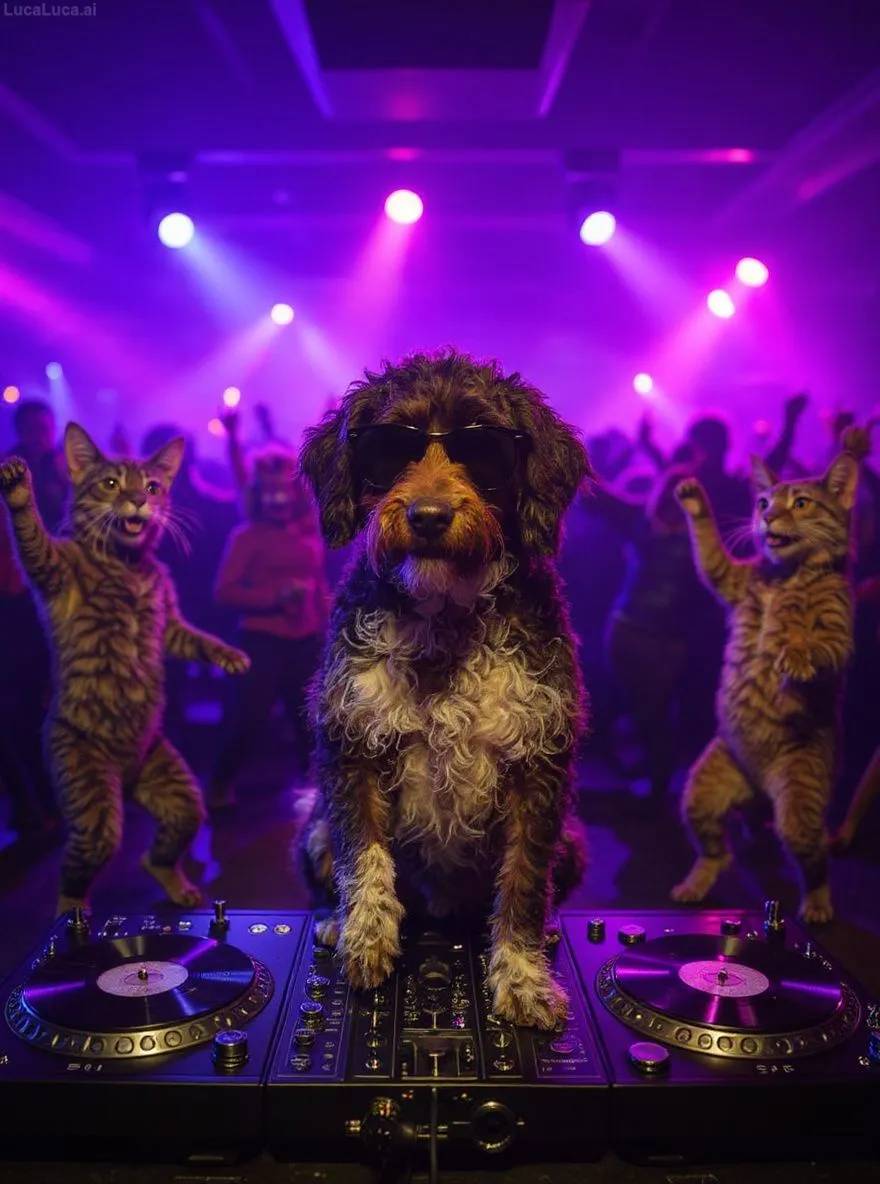 Portuguese Water Dog dog wearing sunglasses with paws on turntables at a nightclub