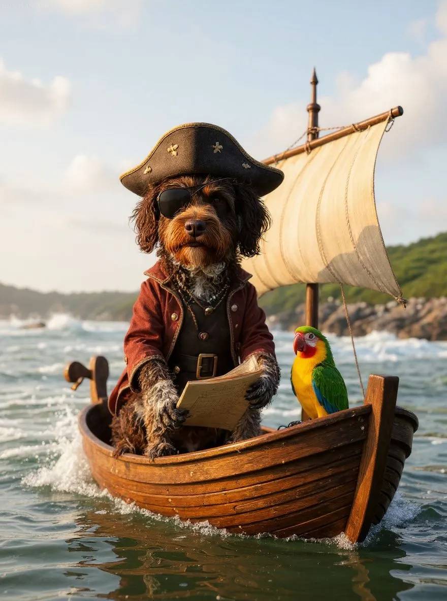 Portuguese Water Dog dog dressed as a pirate with eye patch on a ship deck