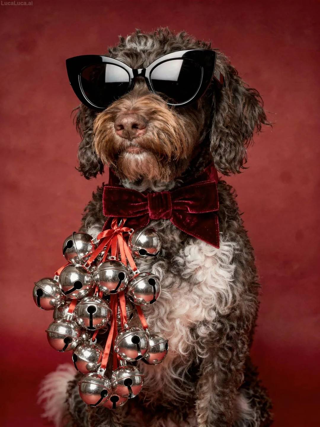 Portuguese Water Dog dog wearing black cat-eye sunglasses holding silver jingle bells