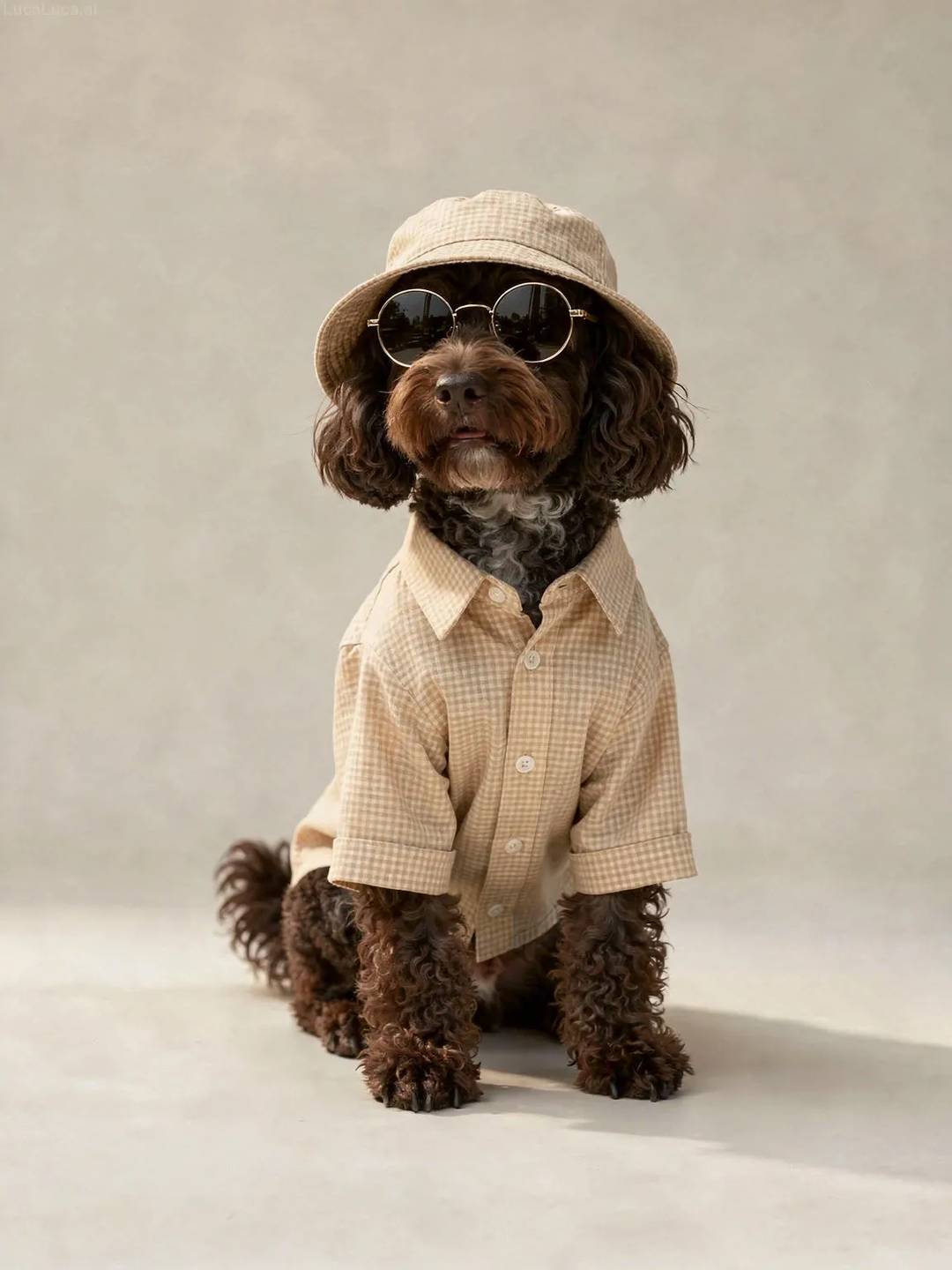 Portuguese Water Dog dog wearing a checkered shirt, sunglasses, and bucket hat in studio