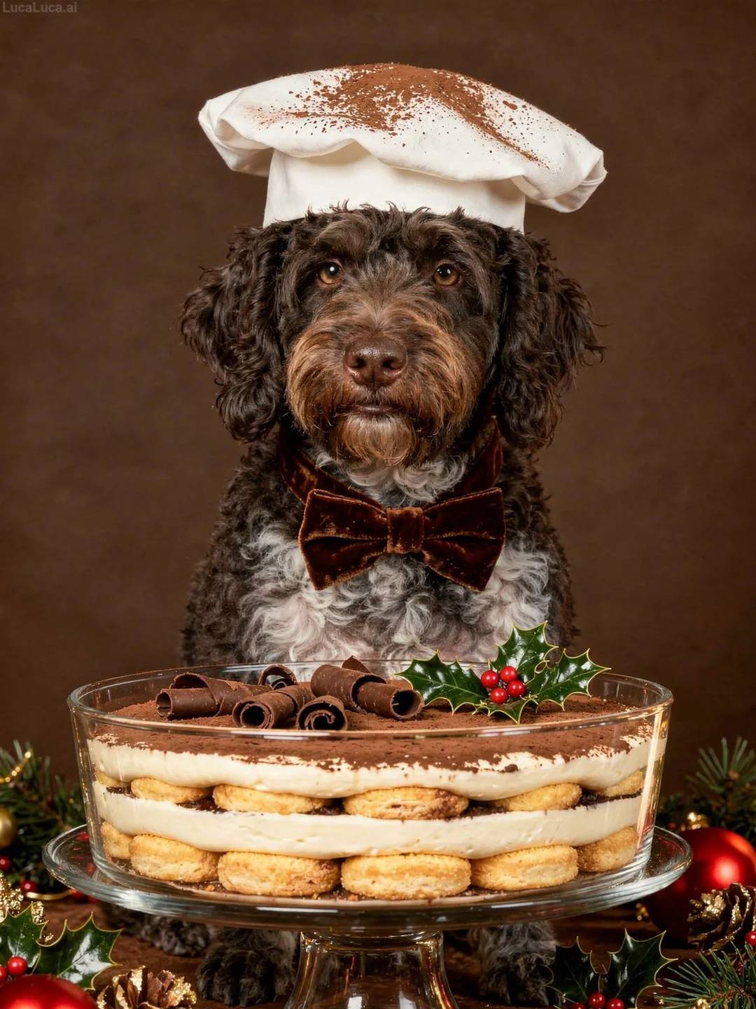 Portuguese Water Dog dog wearing a chef hat dusted with cocoa holding a tiramisu