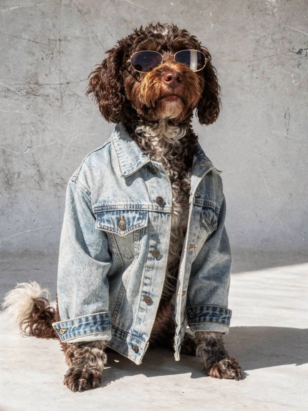 Portuguese Water Dog dog wearing a vintage denim jacket and oval sunglasses