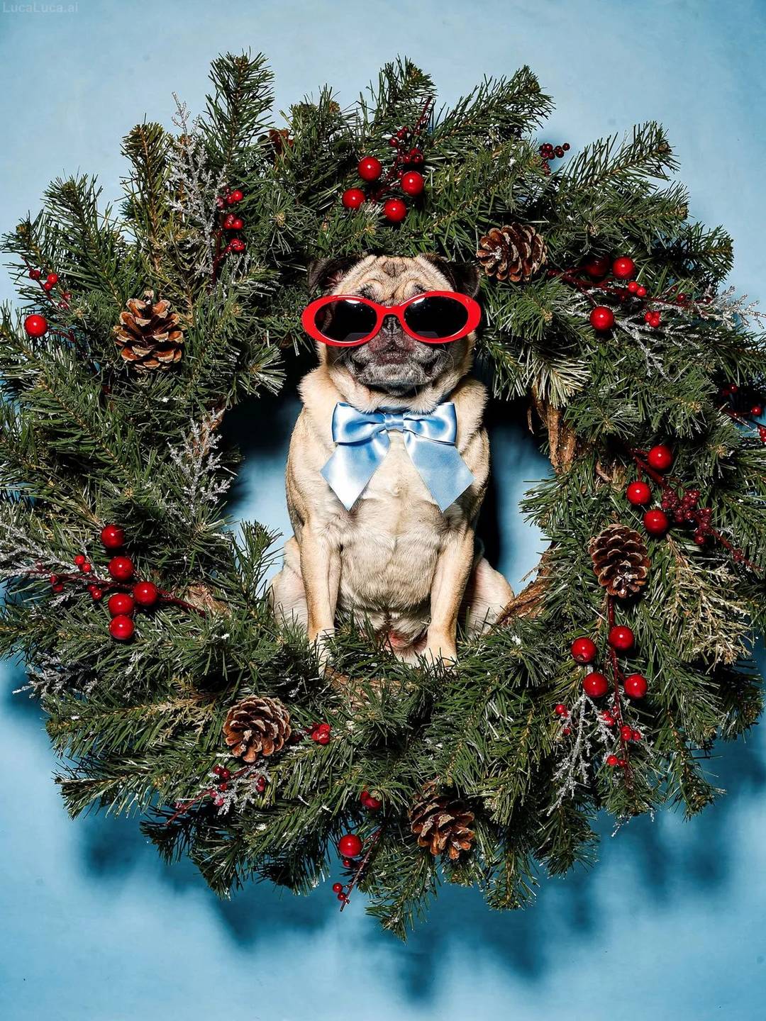 Pug dog wearing red sunglasses holding a Christmas wreath with berries