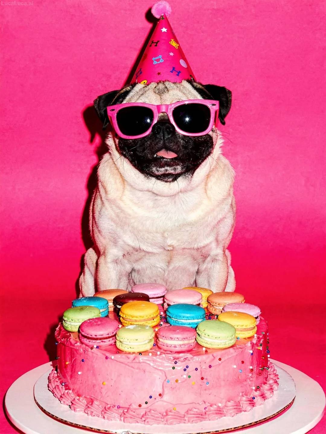 Pug dog wearing pink sunglasses and party hat with a strawberry cake