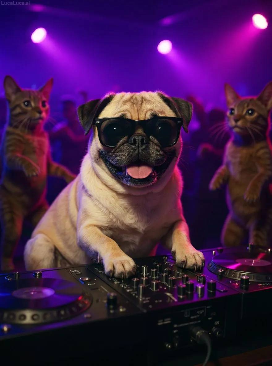 Pug dog wearing sunglasses with paws on turntables at a nightclub