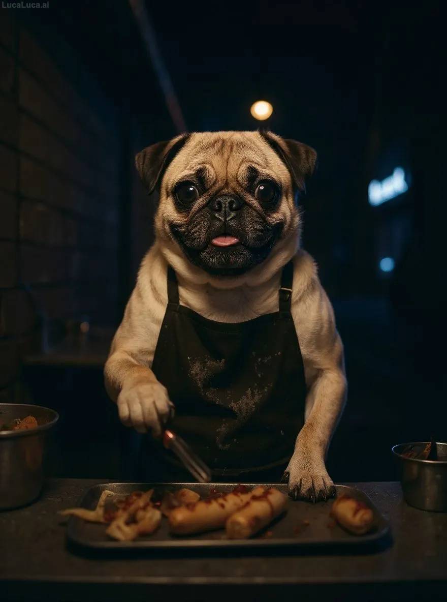 Pug dog in a stained apron flipping hot dogs at a neon-lit food stand