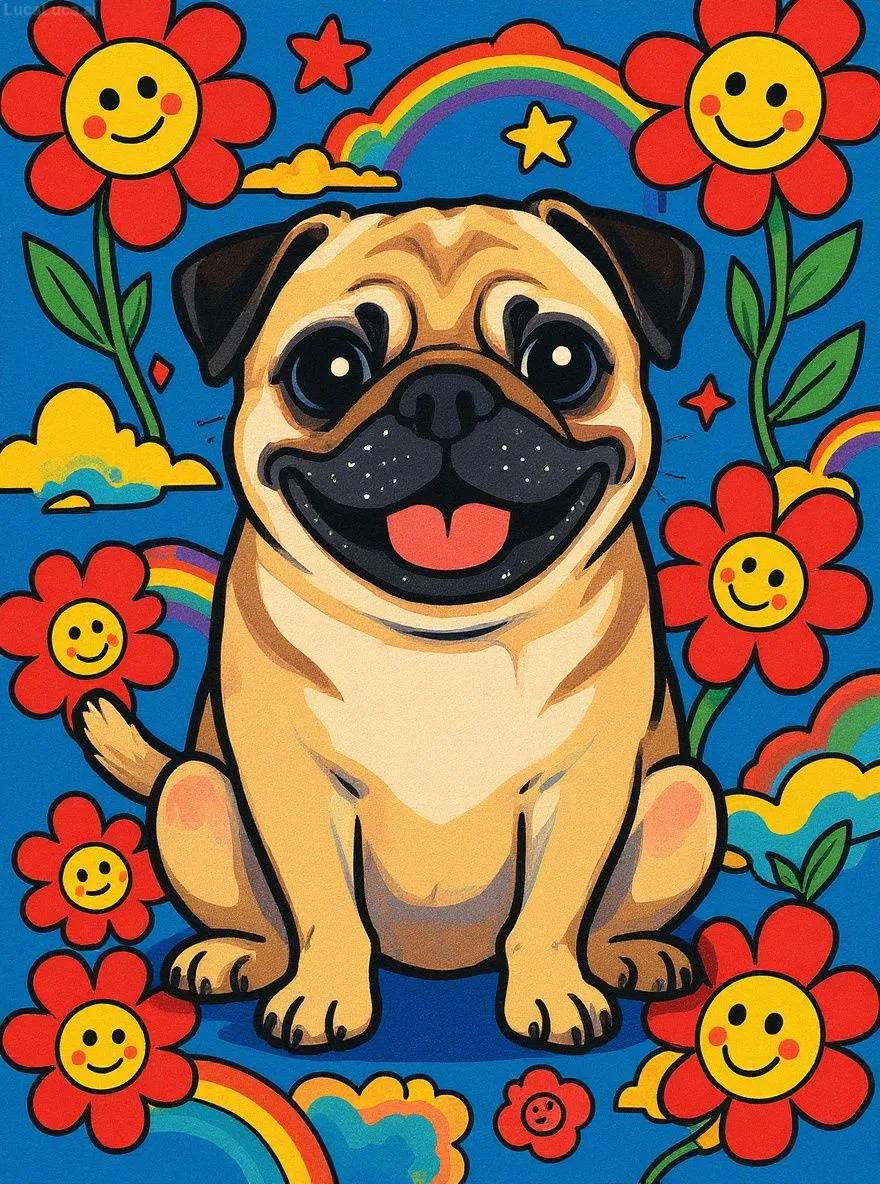 Pug dog in Japanese pop art style with smiling flowers and bright colors