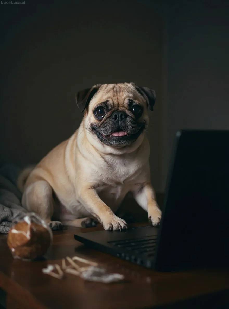 Pug dog in front of a laptop at night surrounded by snack bags