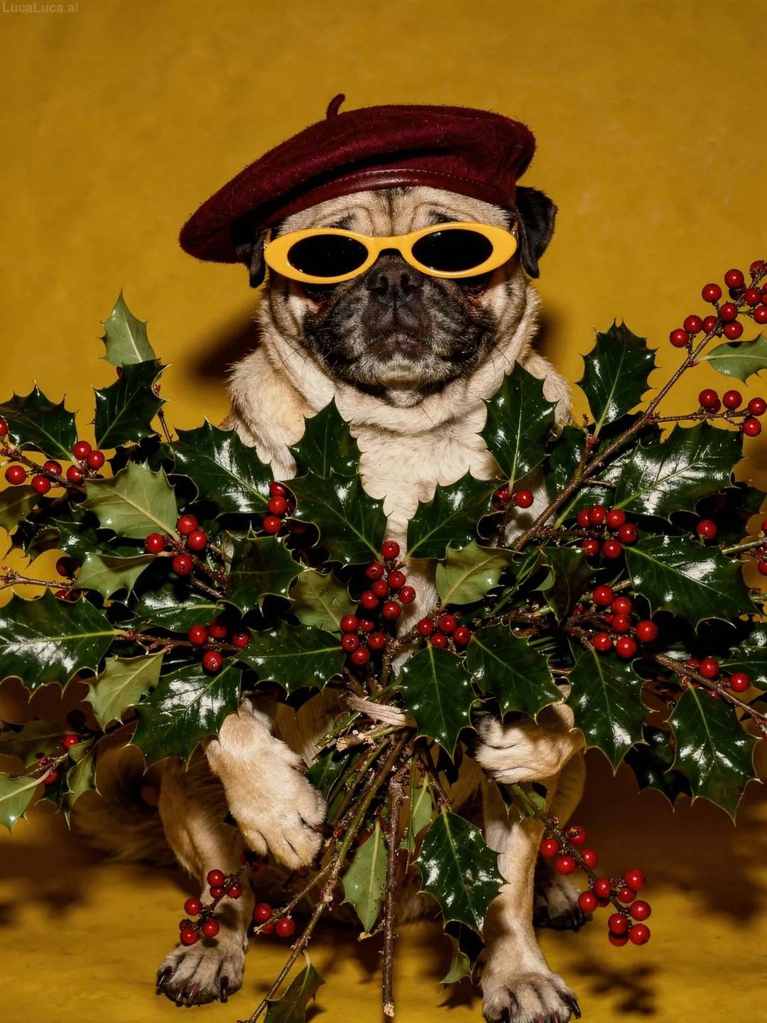 Pug dog wearing yellow sunglasses and a cranberry beret holding holly branches