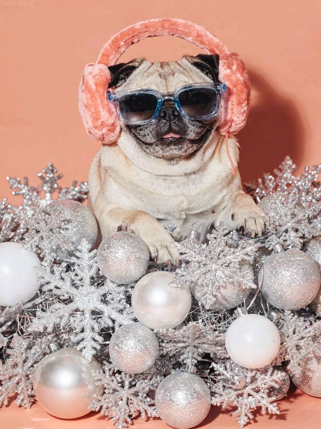 Pug dog wearing blue sunglasses and coral earmuffs holding snowflake ornaments