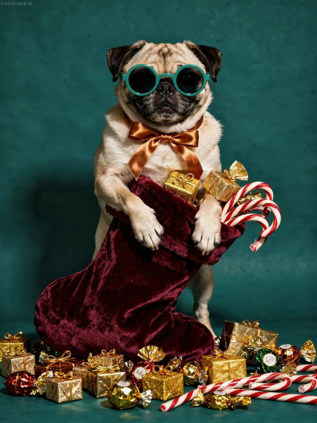 Pug dog wearing teal sunglasses holding a Christmas stocking with candies