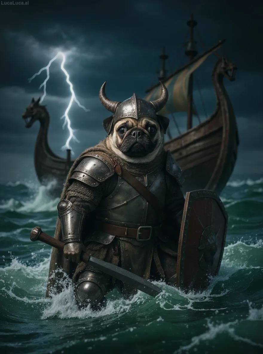 Pug dog in Viking armor with horned helmet and axe on a stormy sea