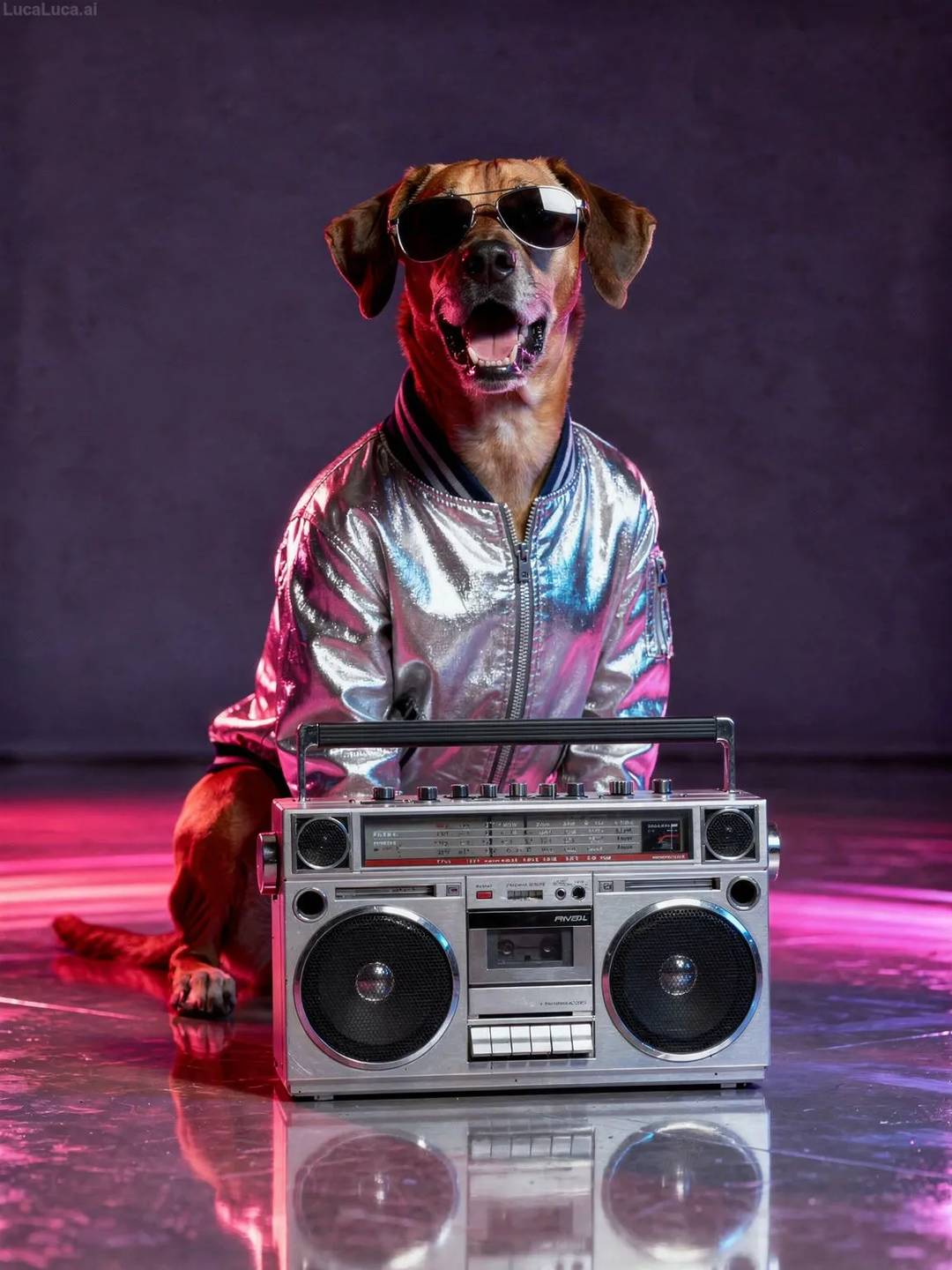 Rhodesian Ridgeback dog in a metallic silver bomber jacket next to a boombox with neon lighting
